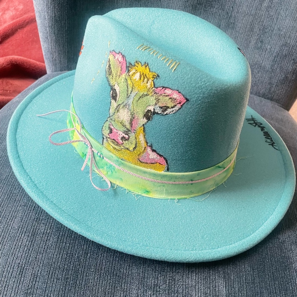 Hand Painted Blue Fedora Hat - Picture 2 of 3